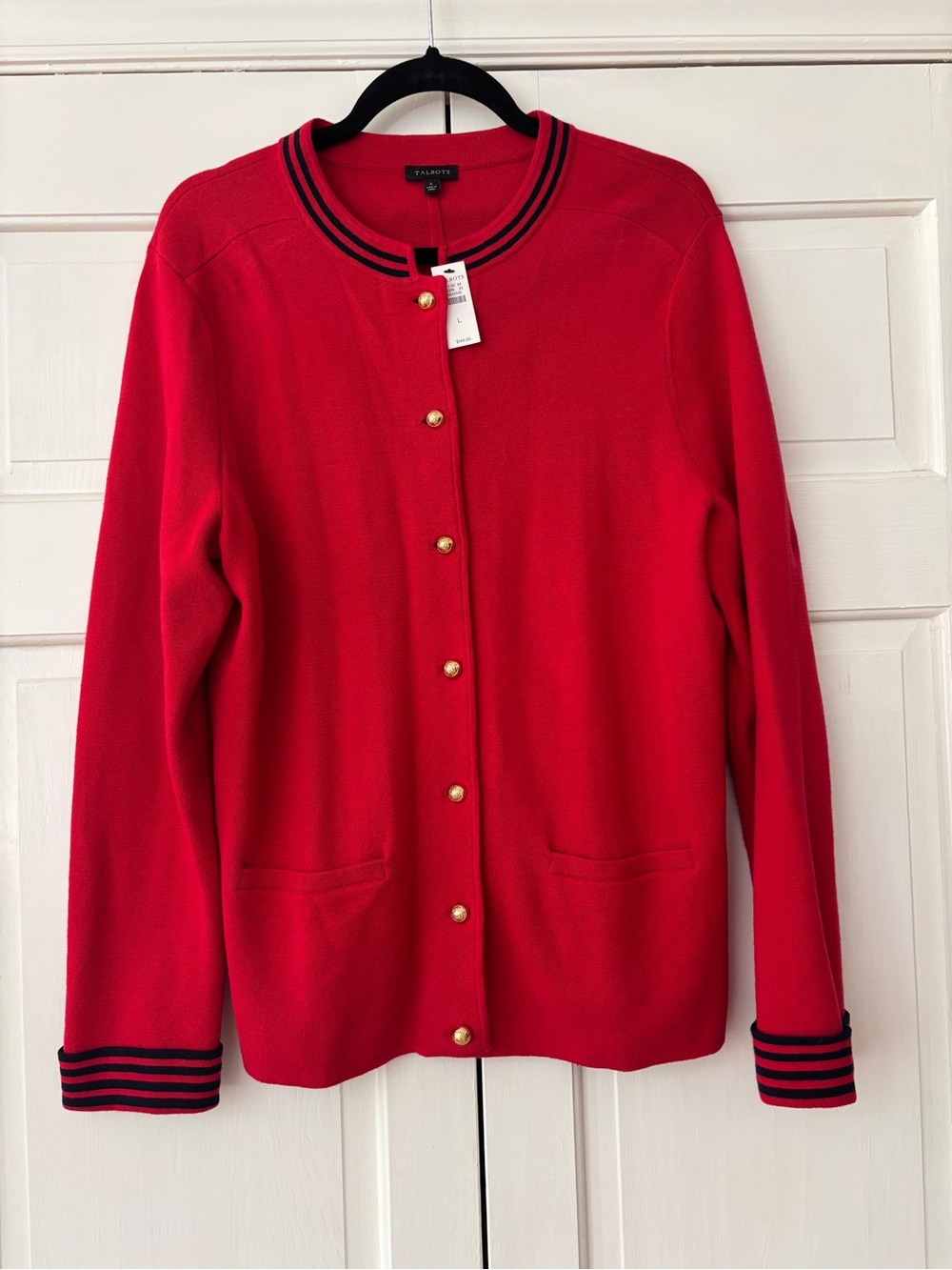 Talbots Nautical Red Navy Stripe Gold Button Up Thick Knit‎ Cardigan Size Large